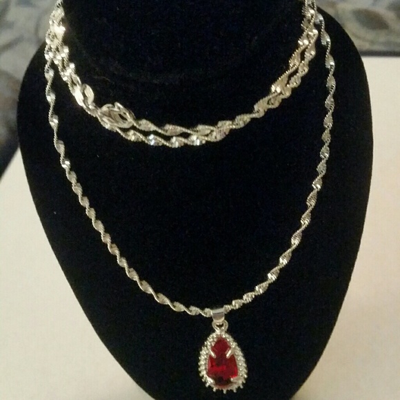 925 Silver Stamped Ruby Red Pendant Necklace♡ - Picture 5 of 8